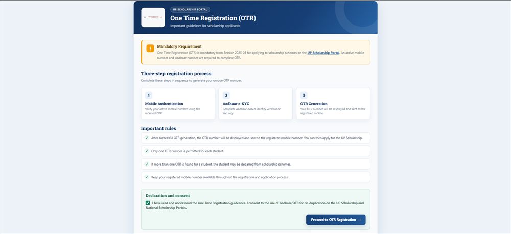 OTR guidelines page jisme Declaration and consent checkbox tick kiya gaya hai aur Proceed to OTR Registration button dikh raha hai