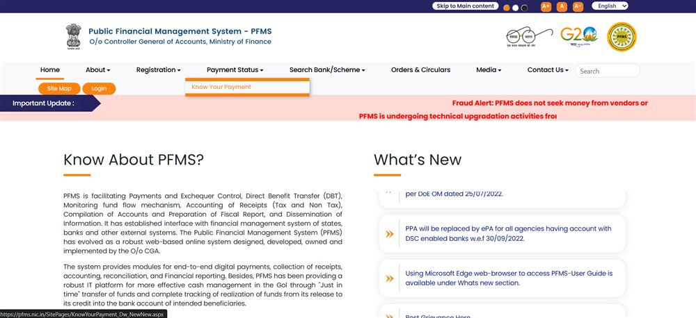 PFMS website ke Payment Status menu mein Know Your Payment option highlighted