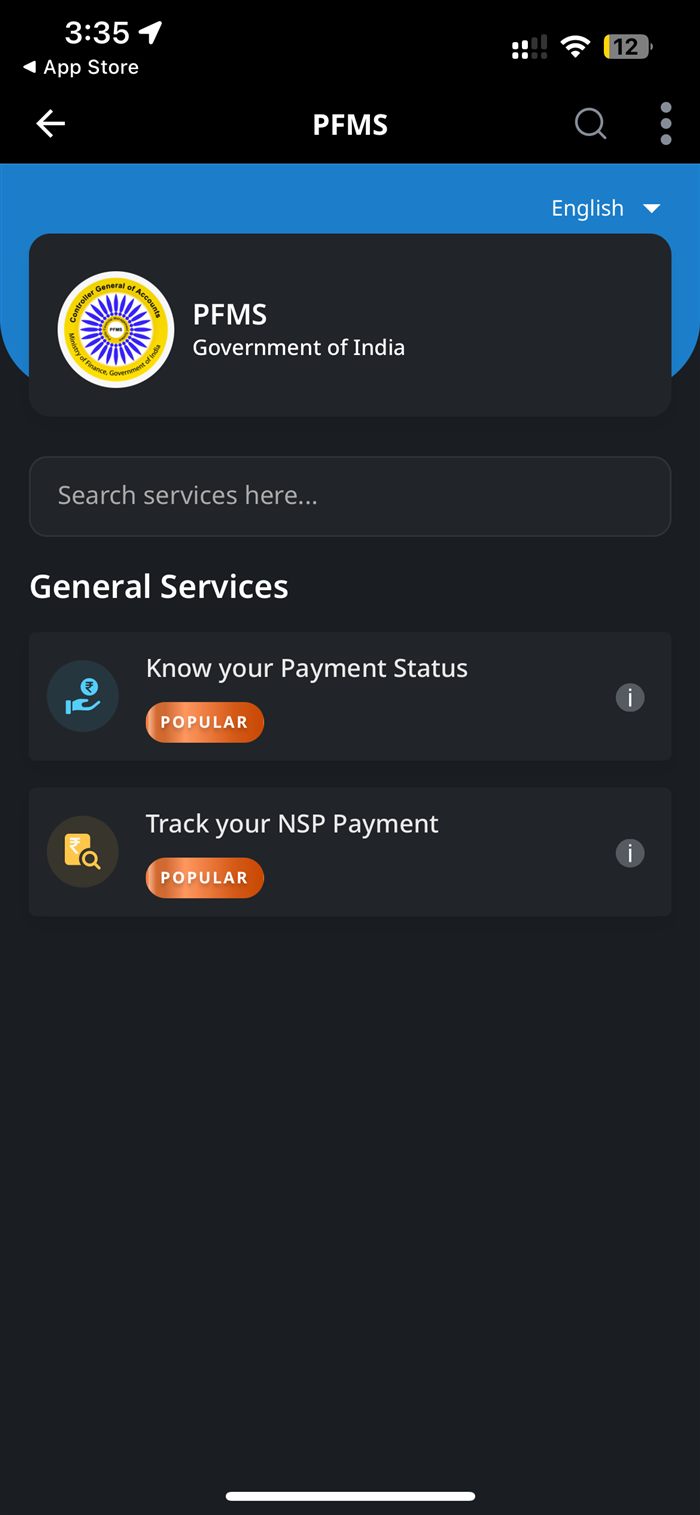 Umang app ke PFMS department page par General Services list, jisme Know your Payment Status option hai
