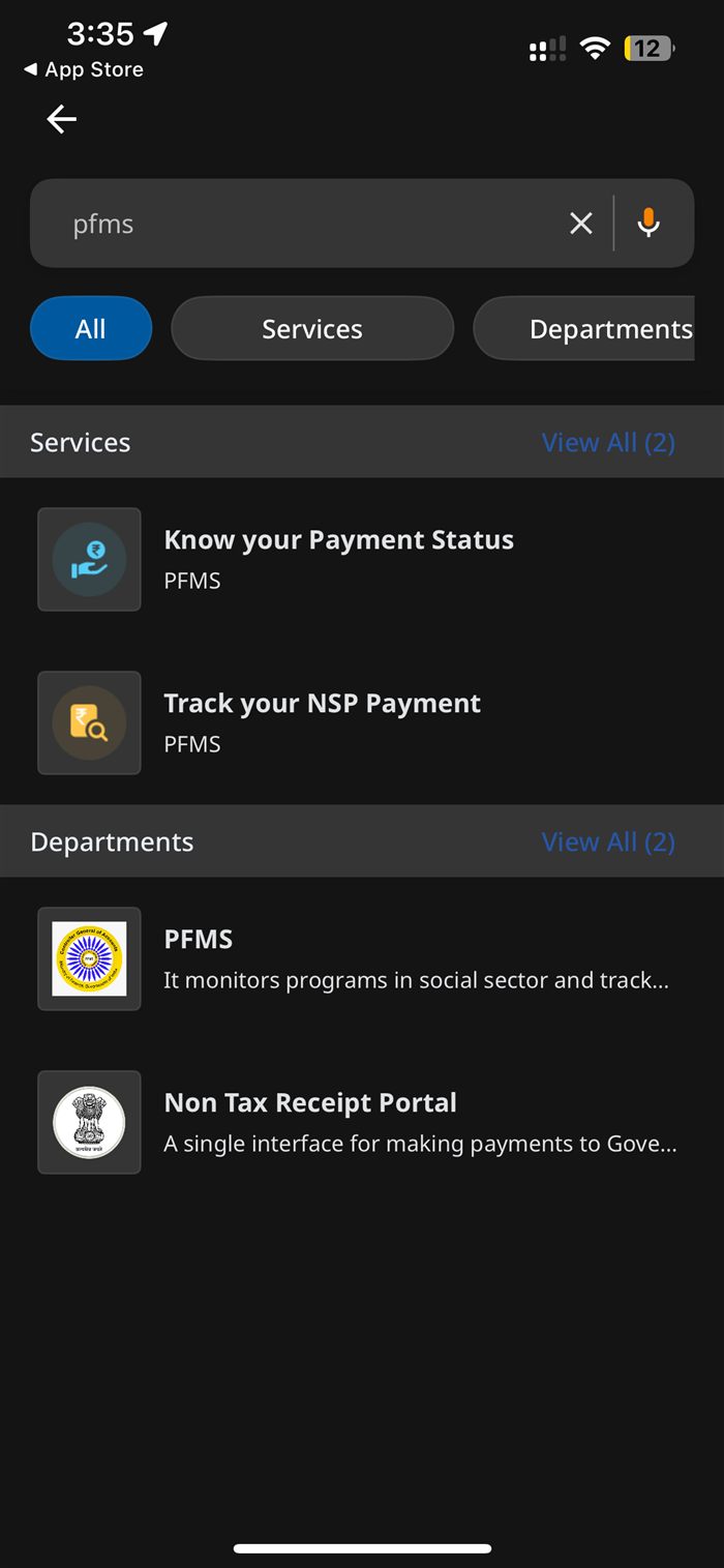 Umang app mein PFMS search karne par Services aur Departments ke results